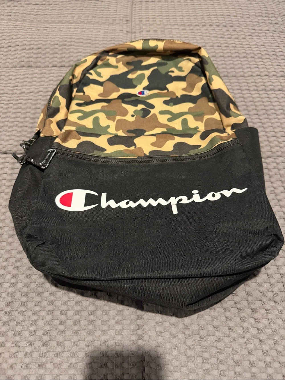 Champion “Manuscript” Camo Backpack Black Green Tan Camouflage.